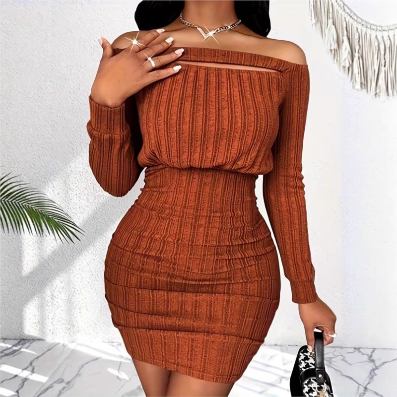 فستان نسائي أنيق للربيع والخري - مراجعة Bodycon Long Sleeve Ribbed Dress وسعره