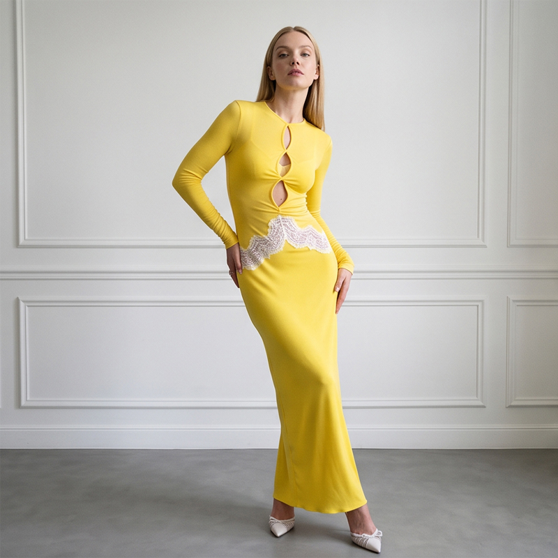 فستان ماكسي نسائي أصفر بأكمام  - مراجعة Bodycon Long Sleeve Ribbed Dress وسعره