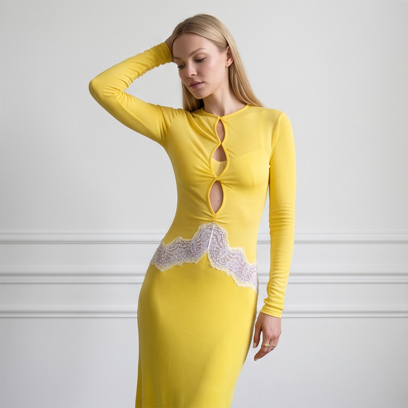 فستان ماكسي نسائي أصفر بأكمام  - مراجعة Bodycon Long Sleeve Ribbed Dress وسعره