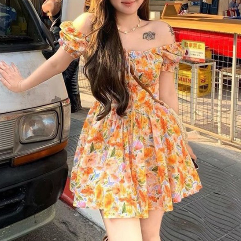 فستان نسائي قصير بطبعة زهور بر - مراجعة Off Shoulder Puff Sleeve Sundress وسعره