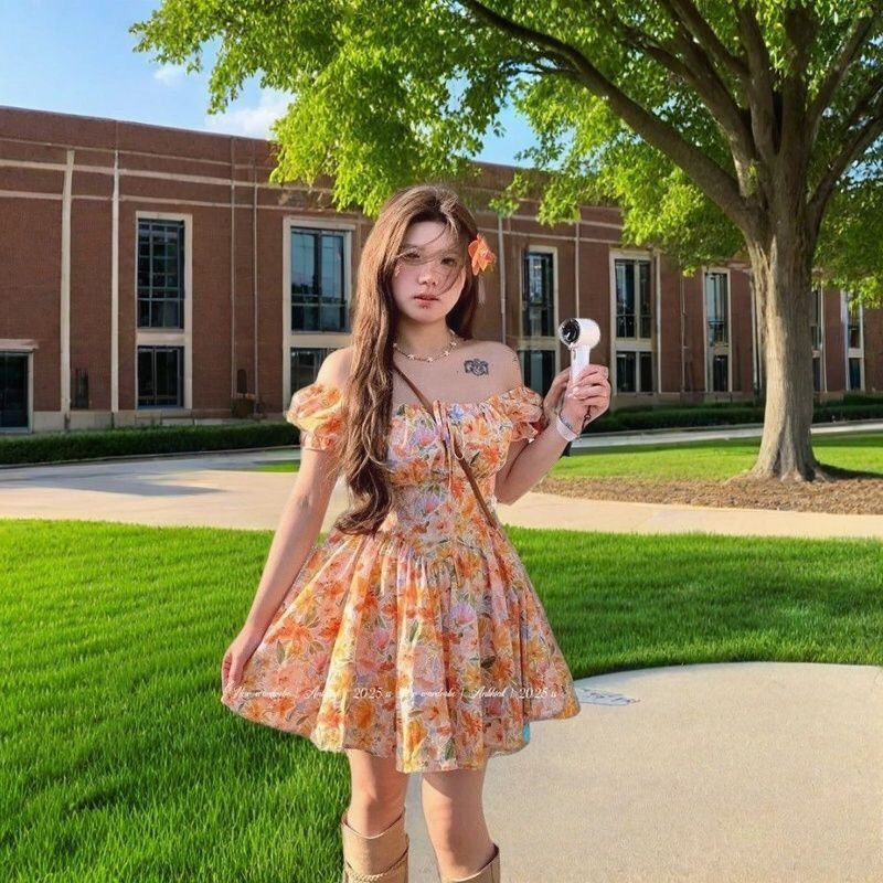 فستان نسائي قصير بطبعة زهور بر - مراجعة Off Shoulder Puff Sleeve Sundress وسعره