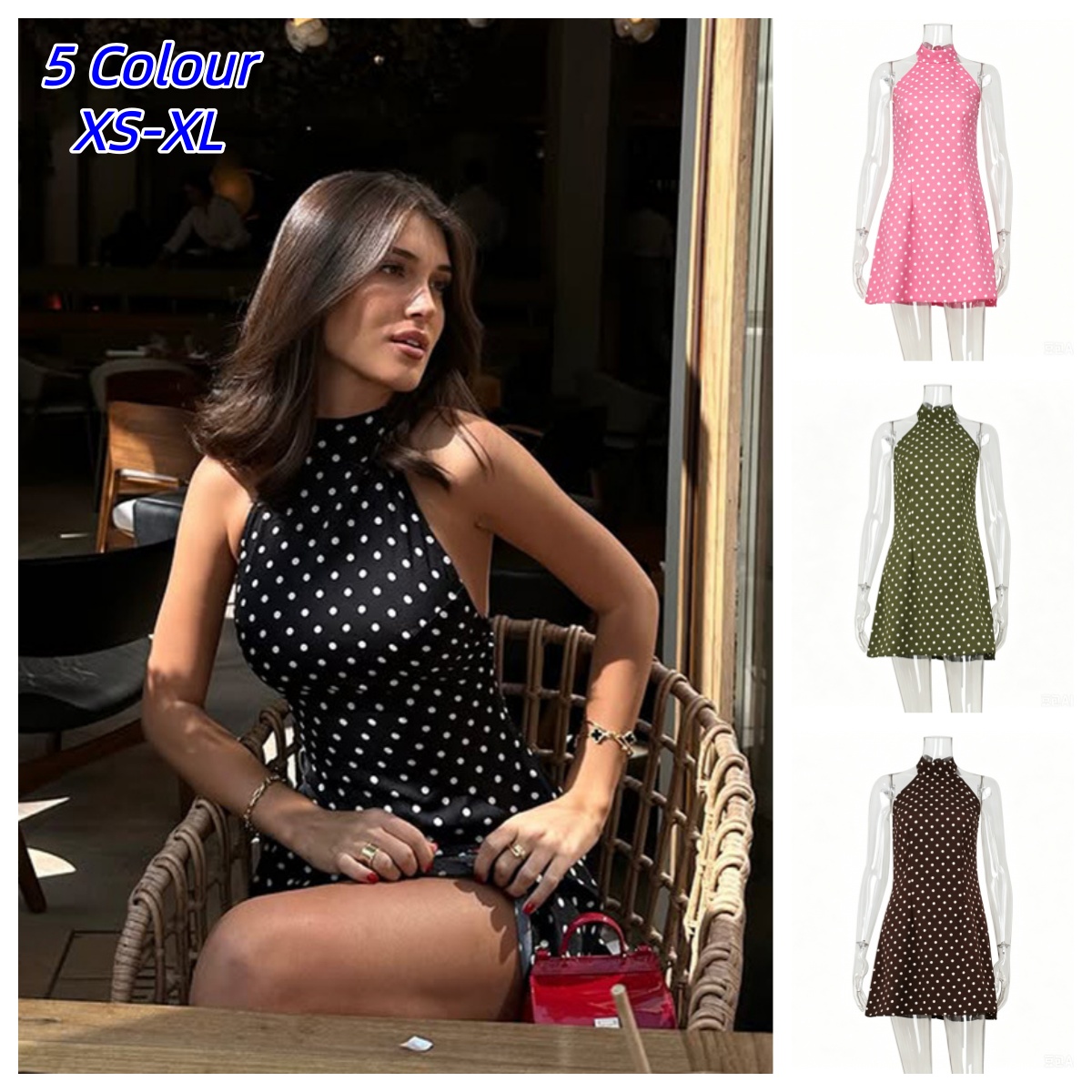 فستان Y2K مثير بطبعة منقطة على - مراجعة Y2K Backless Halter Mini Dress وسعره