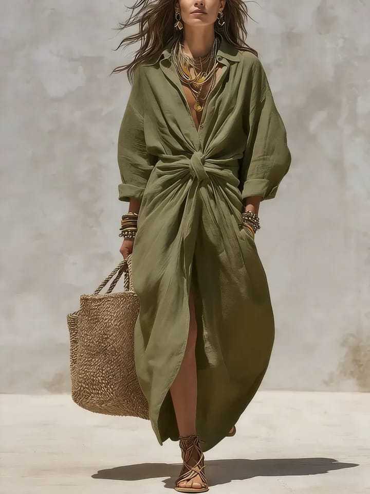 فستان بوهو أبيض من الكتان والق - مراجعة Casual Loose Linen Shirt Dress وسعره
