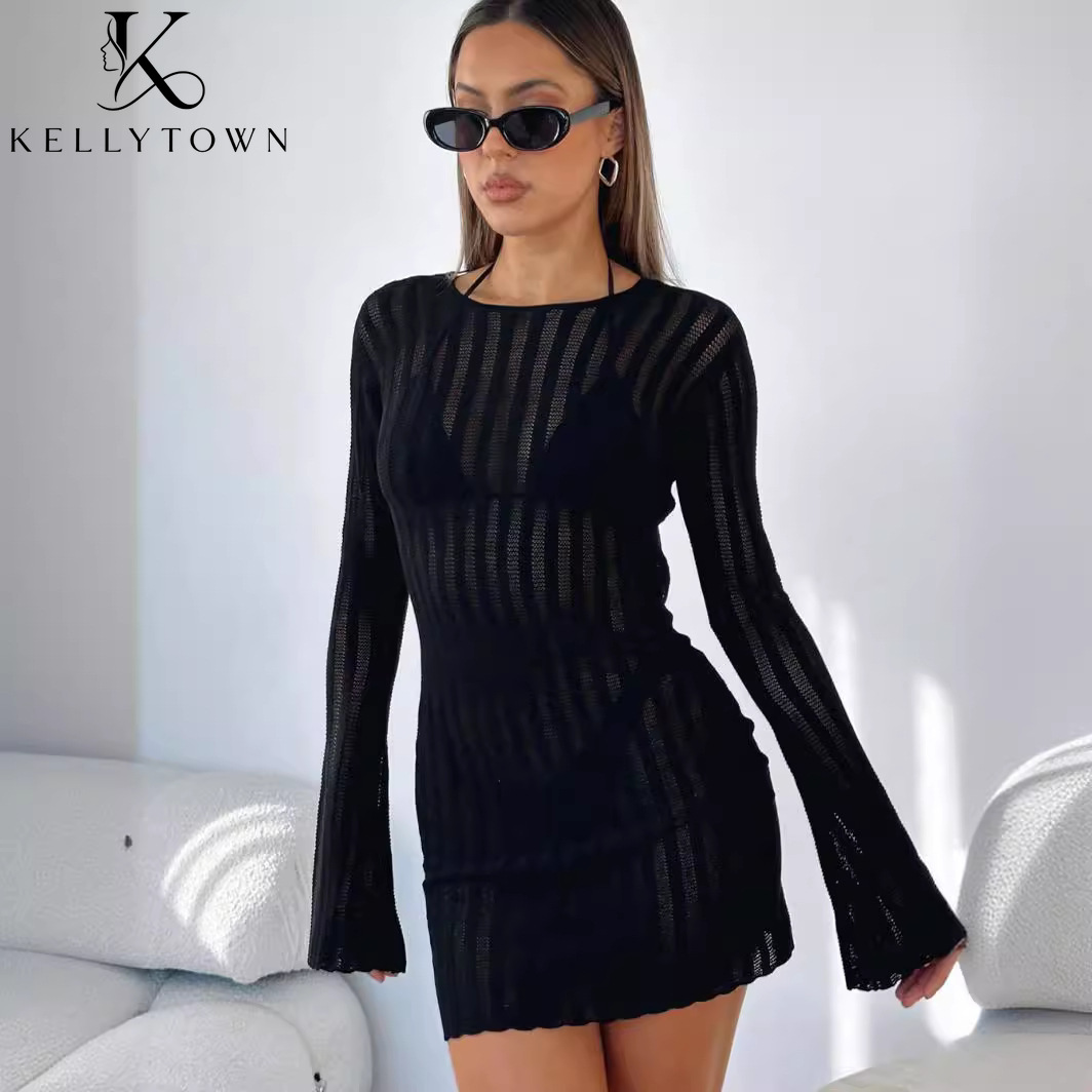 فستان ميني ضيق بدون ظهر مثير م - مراجعة Bodycon Long Sleeve Ribbed Dress وسعره