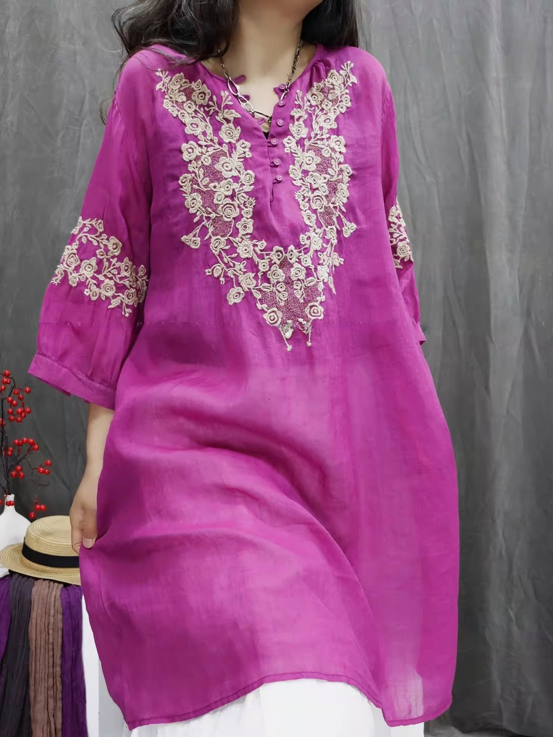 فستان قميص فضفاض مطرز من القطن - مراجعة Casual Loose Linen Shirt Dress وسعره