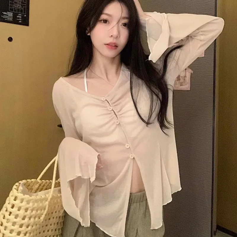 بلوزة بأكمام شفافة - قميص مطوي - مراجعة Blouses وسعره