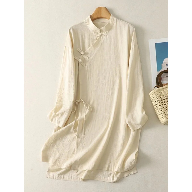 فستان نسائي بتصميم صيني بأزرار - مراجعة Casual Loose Linen Shirt Dress وسعره