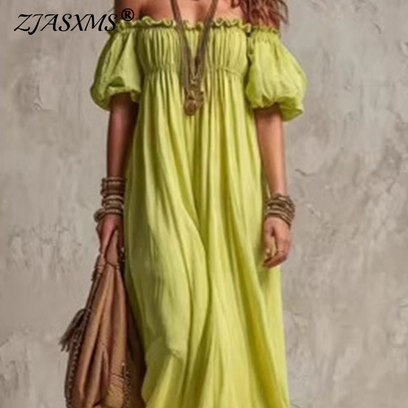 فستان نسائي صيفي طويل فضفاض بت - مراجعة Off Shoulder Puff Sleeve Sundress وسعره