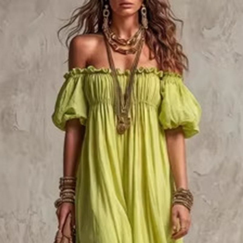 فستان نسائي صيفي طويل فضفاض بت - مراجعة Off Shoulder Puff Sleeve Sundress وسعره