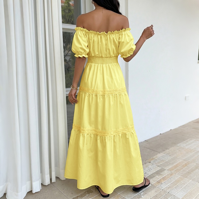 فستان صيفي بوهيمي نسائي أصفر ب - مراجعة Off Shoulder Puff Sleeve Sundress وسعره
