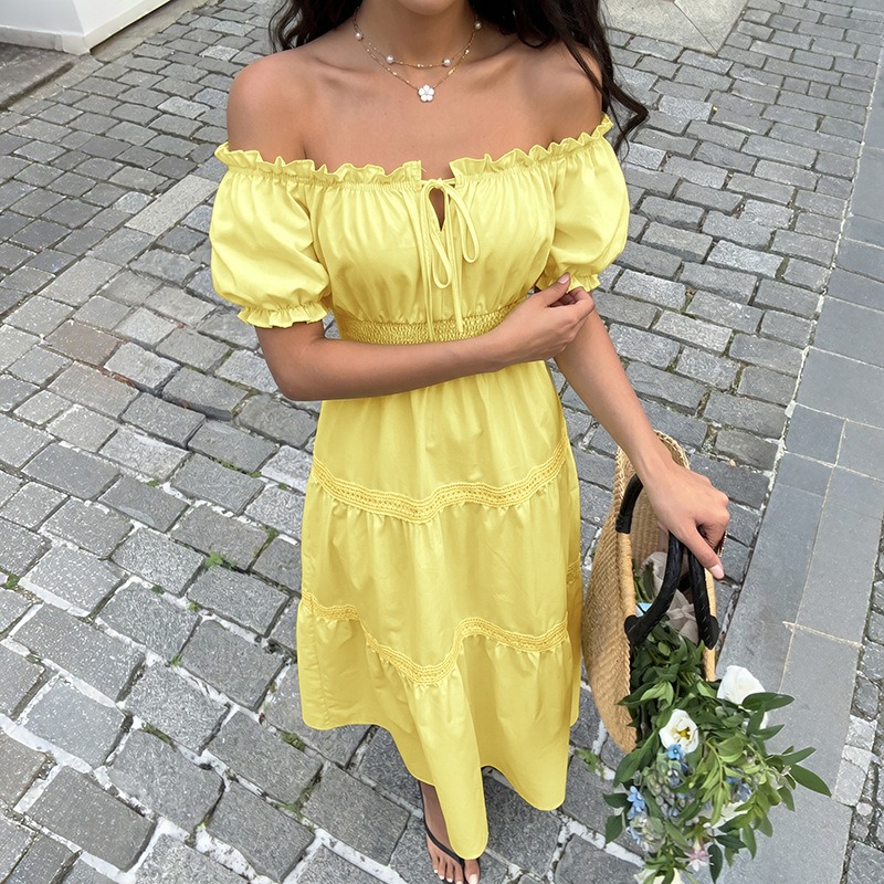فستان صيفي بوهيمي نسائي أصفر ب - مراجعة Off Shoulder Puff Sleeve Sundress وسعره