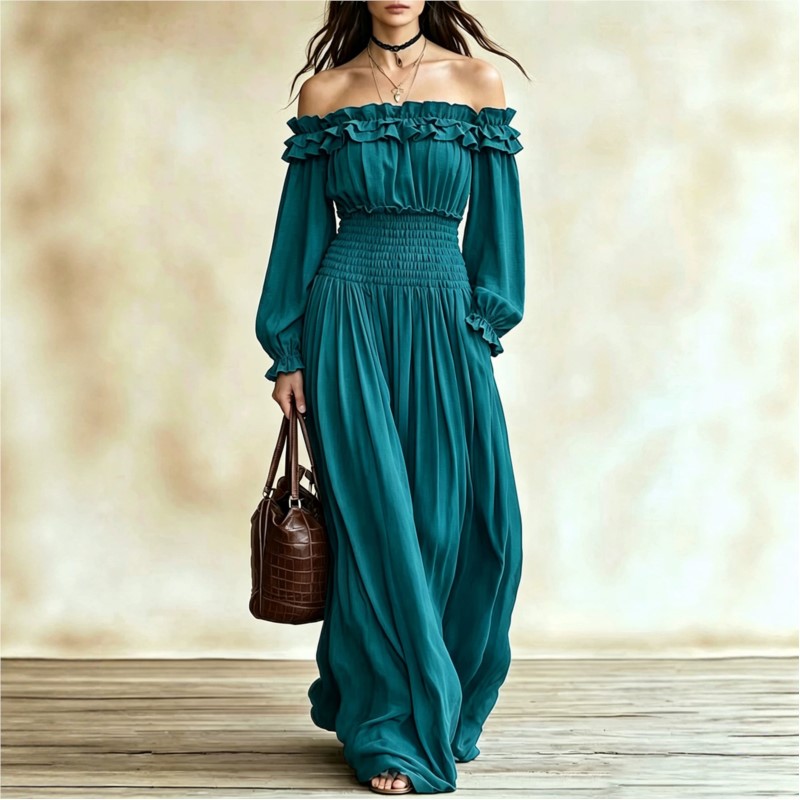 فساتين ماكسي نسائية عصرية بدون - مراجعة Off Shoulder Puff Sleeve Sundress وسعره