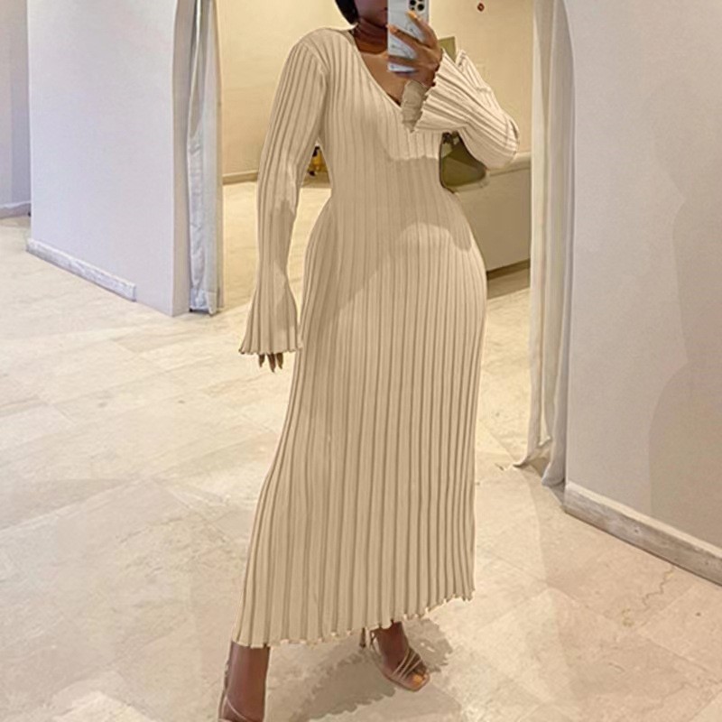 تنورة نسائية متماسكة للخريف بر - مراجعة Bodycon Long Sleeve Ribbed Dress وسعره