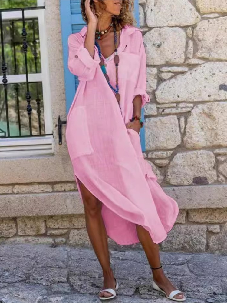 فستان قميص نسائي أبيض بلون ساد - مراجعة Casual Loose Linen Shirt Dress وسعره