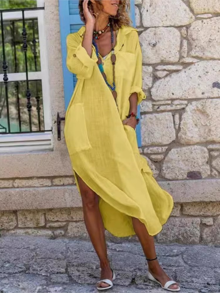 فستان قميص نسائي أبيض بلون ساد - مراجعة Casual Loose Linen Shirt Dress وسعره