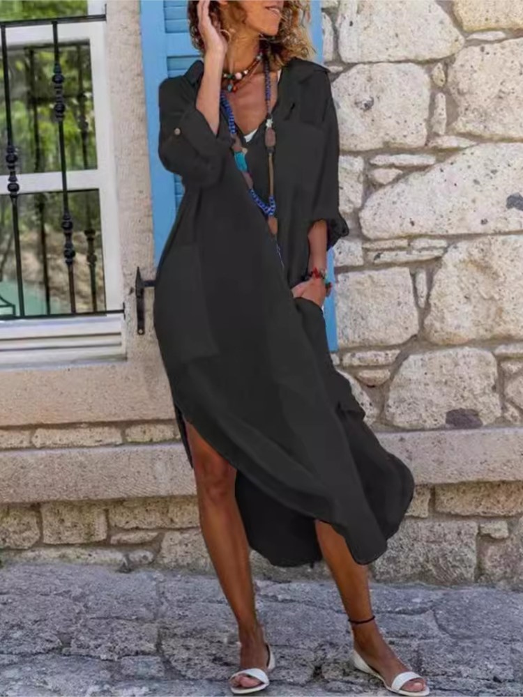فستان قميص نسائي أبيض بلون ساد - مراجعة Casual Loose Linen Shirt Dress وسعره