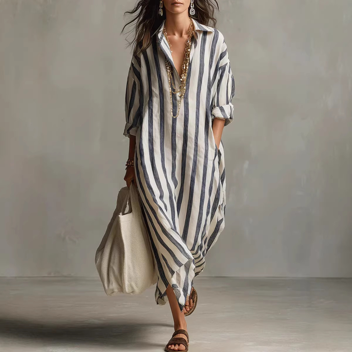 فساتين صيفية أنيقة بياقة مقلوب - مراجعة Casual Loose Linen Shirt Dress وسعره