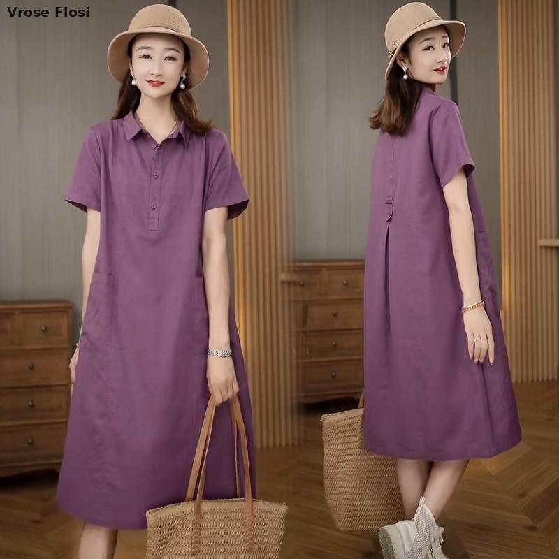 فستان نسائي بأكمام قصيرة من ال - مراجعة Casual Loose Linen Shirt Dress وسعره